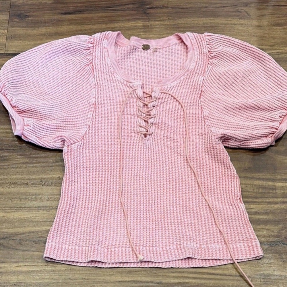 Women's Pink Lace-Up Waffle Knit Top